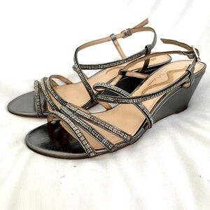 Nina metallic grey crystal embellished strappy wedge dress sandals size 7.5